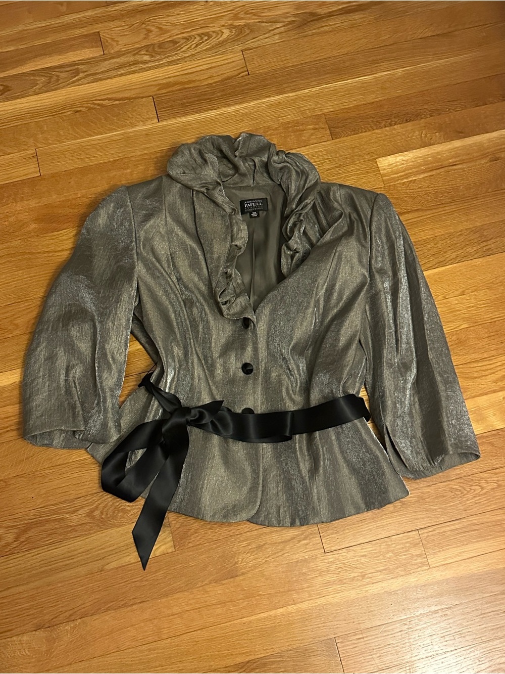 Adrianna Papell Metallic Gray Ruffle Collar Blazer with Satin Belt